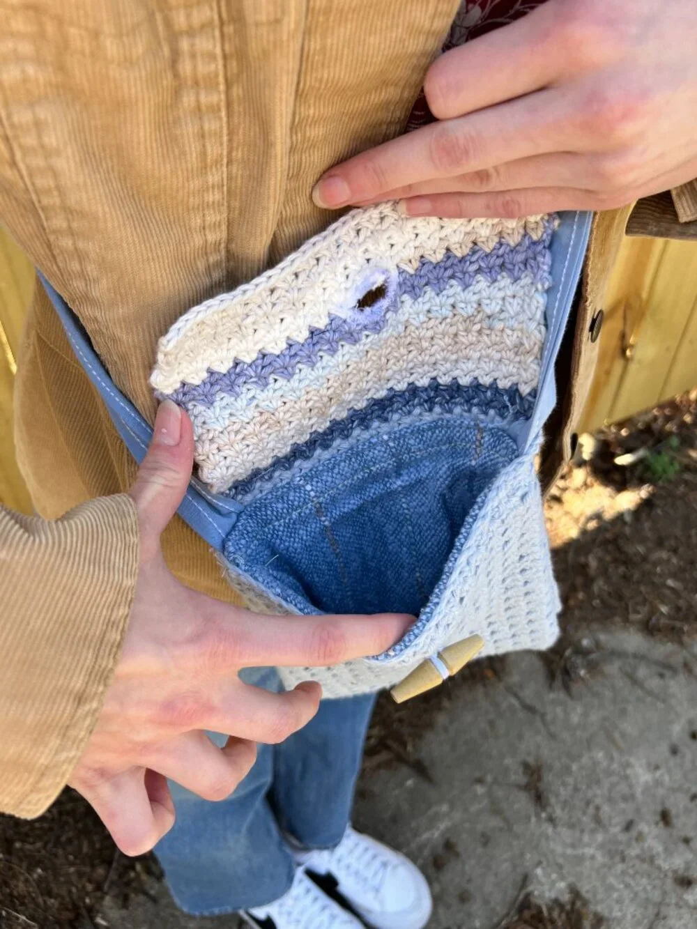 Upcycled Crochet Crossbody Purse Handmade with Repurposed Lining & Button